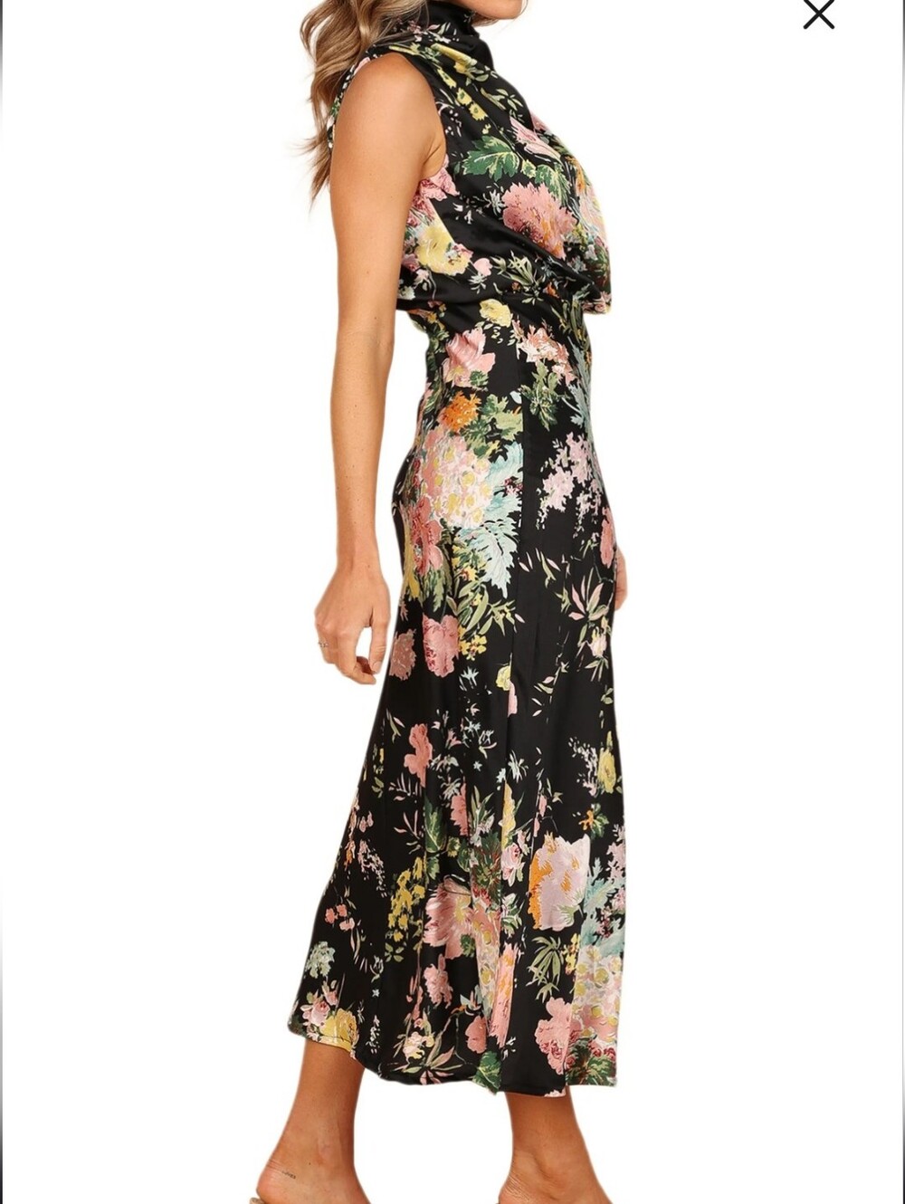 Petal & Pup Black Floral Funnel Neck Satin Midi Dress NWOT Sz XL - Picture 3 of 8